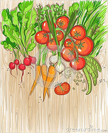 Organic vegetables on a wooden background Vector Illustration