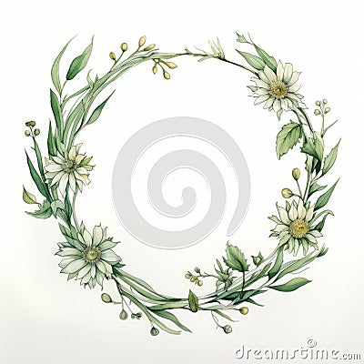 Organic Watercolor Wreath With White Daisies And Ivy Cartoon Illustration