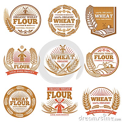 Organic wheat flour, farming grain products vector labels and logos Vector Illustration