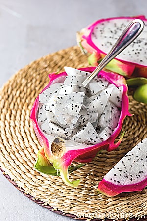 Organic White Fresh Dragon Fruit Exotic Asian Fruit Vertical Stock Photo