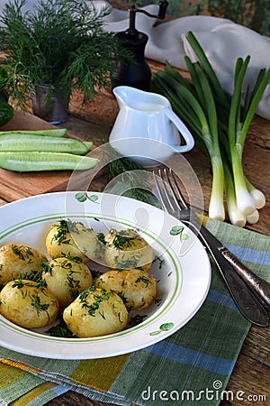 Organically grown new potatoes with butter and dill on wooden background. First spring harvest Stock Photo