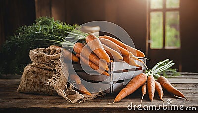 Organically produced and harvested vegetables and fruits from the farm. carrots in wooden crates and sacks. Stock Photo