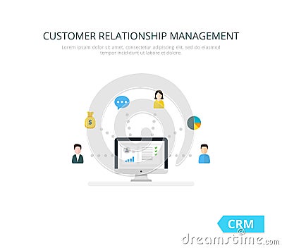 Organization of data on work with clients, CRM concept. Customer Relationship Management illustration. Cartoon Illustration