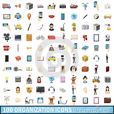 100 organization icons set, cartoon style Vector Illustration