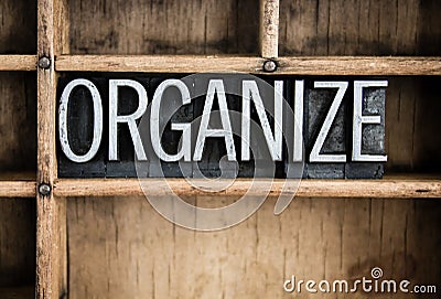 Organize Concept Metal Letterpress Word in Drawer Stock Photo