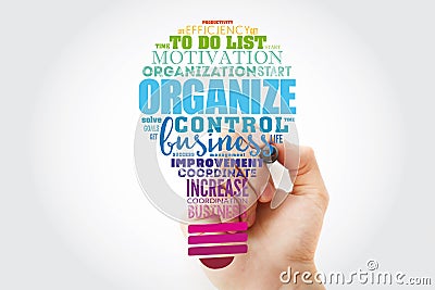 ORGANIZE light bulb word cloud collage, business concept background Stock Photo