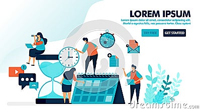 Organize schedules and plans on the calendar. Giant hourglass with reminder alarm. Time management for personal work. Flat vector Vector Illustration