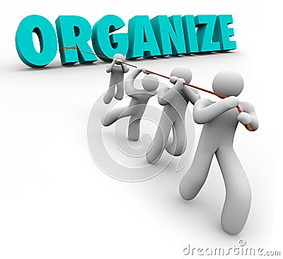 Organize Word Pulled by Team Workers Union Working Together Stock Photo