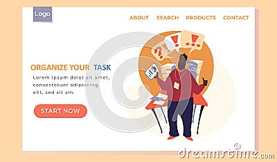 Organize your task landing page template with a man near board. Timetable for business process Vector Illustration