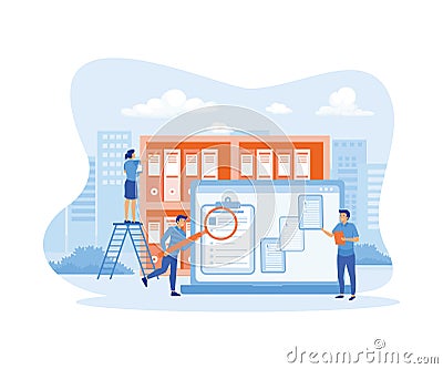 Organized archive. Searching files in database. Records management, records and information management. Vector Illustration