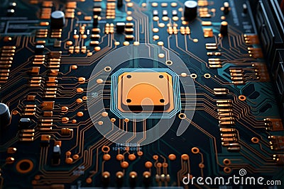 Organized on the board, a complex network of electronic components emerges Stock Photo