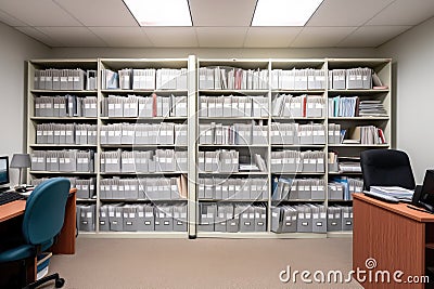 organized business document library with tidy bookshelves and labeled folders Stock Photo