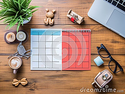 Organized Desk with Calendar and Laptop for Planning Stock Photo