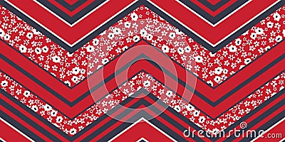 Ditsy Florals Graphic Daisies And Chevron Shapes on Red Background Vector Seamless Pattern Vector Illustration