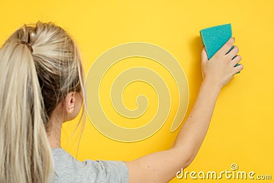 Home cleanup spotless cleaning woman sponge wipe Stock Photo