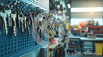 Organized key rack display with varied key sizes in clean and bright setting. concept of storage, organization, security Stock Photo