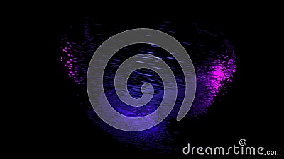 Organized movement of dynamic colorful particles in a form of a 3D sphere on black background. Animation. Technological Stock Photo