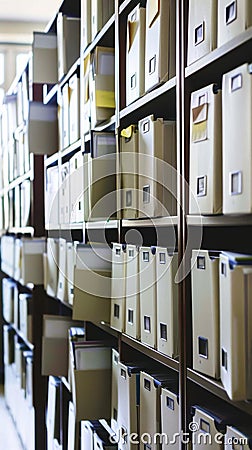 Organized office space with rows of document storage boxes on shelves for efficient filing system. Records and Information Stock Photo