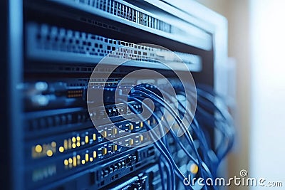 Organized server rack with connected blue Ethernet cables emphasizing network management secure data transfer and IT infrastruc Cartoon Illustration