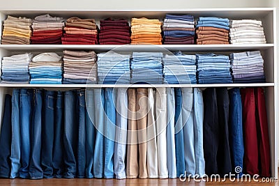 organized stack of jeans and pants on a white shelf Stock Photo