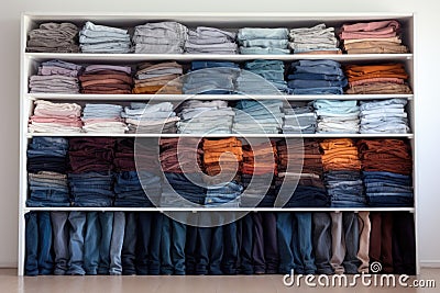 organized stack of jeans and pants on a white shelf Stock Photo