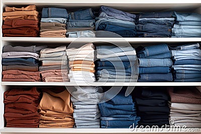 organized stack of jeans and pants on a white shelf Stock Photo