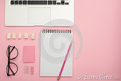 Organized stationery objects in shades of pink Stock Photo