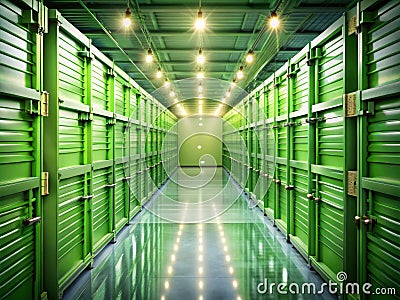 Organized Storage Corridor Green Boxes Soft Bokeh and Minimalist Design for a Clean and Efficient Space Stock Photo