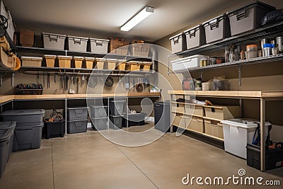 an organized and tidy garage with orderly shelves, tools, and bins Stock Photo