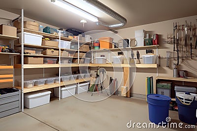 an organized and tidy garage with orderly shelves, tools, and bins Stock Photo