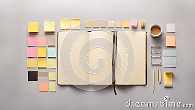 Organized Workspace: Top View of Empty Notebook and Stationery on Neutral Background Stock Photo