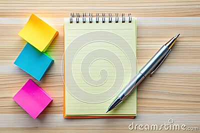 Organized Workspace TopDown View A Minimalist Desk Setup with Pen Pencil Notepad and Sticky Notes for Productivity Stock Photo
