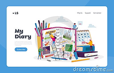 Organizer, Notebook Landing Page Template. Tiny Characters at Huge Diary Writing Notes, Planning, Fill To Do List, Vector Illustration