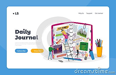 Organizer, Notebook for Memory or Messages Landing Page Template. Tiny Characters at Huge Diary Writing Notes Vector Illustration