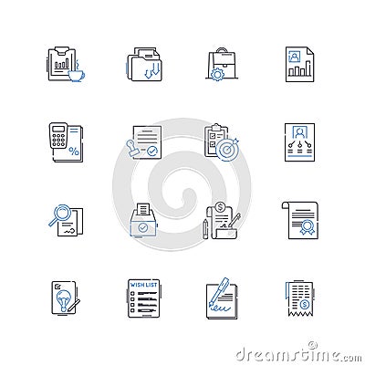Organizers and paperwork line icons collection. File, Sort, Arrange, Store, Categorize, Label, Archive vector and linear Vector Illustration