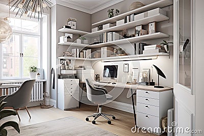 organizing and storage solutions for the home office, with a sleek desk, ergonomic chair and organized workspace Stock Photo