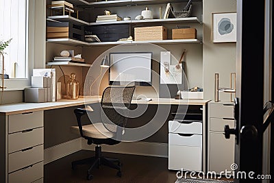 organizing and storage solutions for the home office, with a sleek desk, ergonomic chair and organized workspace Stock Photo