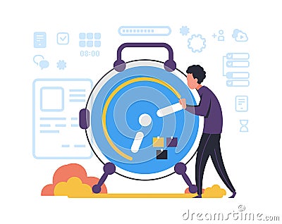 Organizing task and schedule planning. Time management. Clock and man making plan of work. Effective workflow and Vector Illustration