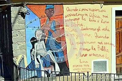 ORGOSOLO ITALY 4 October 2015 Murales in Orgosolo Italy Since about 1969 the wall paintings reflect different aspects of Sardinia Editorial Stock Photo