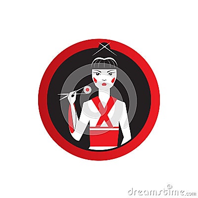 Oriantal femme fatale in black kimono with a traditional Japanese makeup eating sushi. Vector Illustration