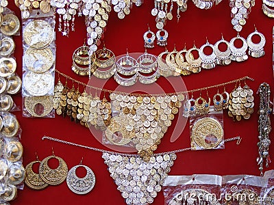 Oriental Arabic jewelry on display in souk market Stock Photo