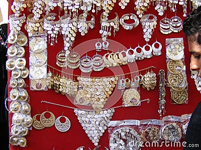 Oriental Arabic jewelry on display in souk market Editorial Stock Photo