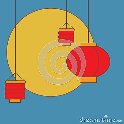 Oriental background with moon and traditional chinese or japanese lanterns. Backdrop for mid autumn and other festive design Vector Illustration