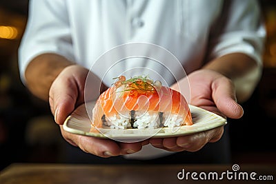 Oriental chef's hands holding traditional sushi with red fish Stock Photo