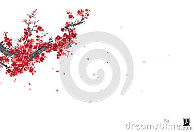 Oriental cherry blossom branch and falling sakura petals. Traditional oriental ink painting sumi-e, u-sin, go-hua on Vector Illustration