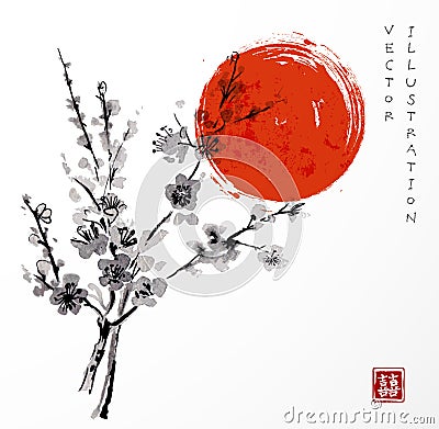 Oriental cherry branch in blossom. Vector Illustration