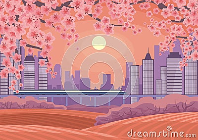 Oriental cherry and city Vector Illustration