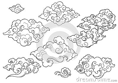 Oriental Cloud or Japanese Cloud or Chinese Cloud doodle hand drawing style set object clip art Stock Photo