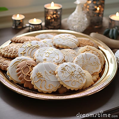 oriental cookies on the plate and tea. Arabic desserts. Stock Photo