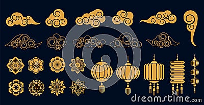 Oriental elements. Asian gold traditional decoration, chinese and japanese, korean art objects. Golden clouds and plant Vector Illustration